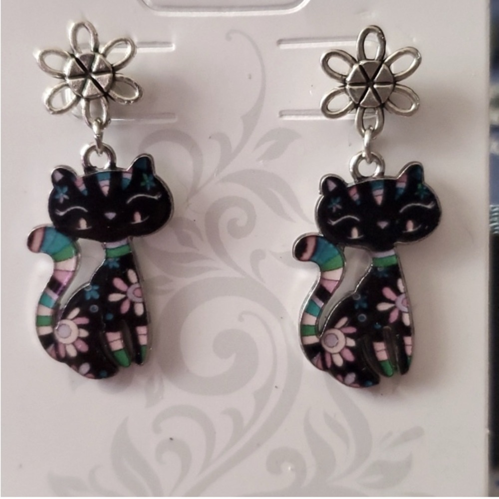 NWT Handmade black Cat & Colorful Flower enamel dangling post Pierced earrings